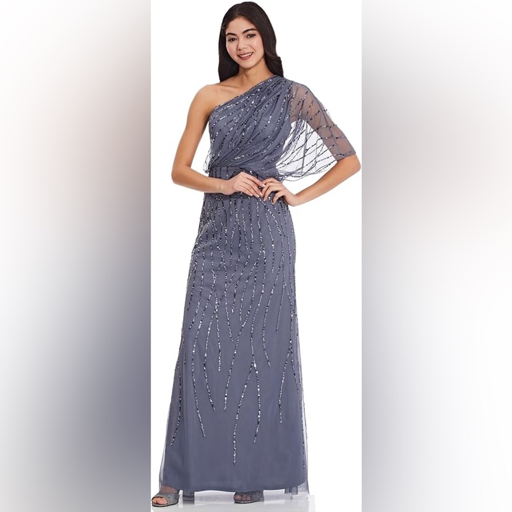 NWT Adrianna Papell Sequin One-Shoulder Illusion Sleeve Gown Dusty Blue Size 8